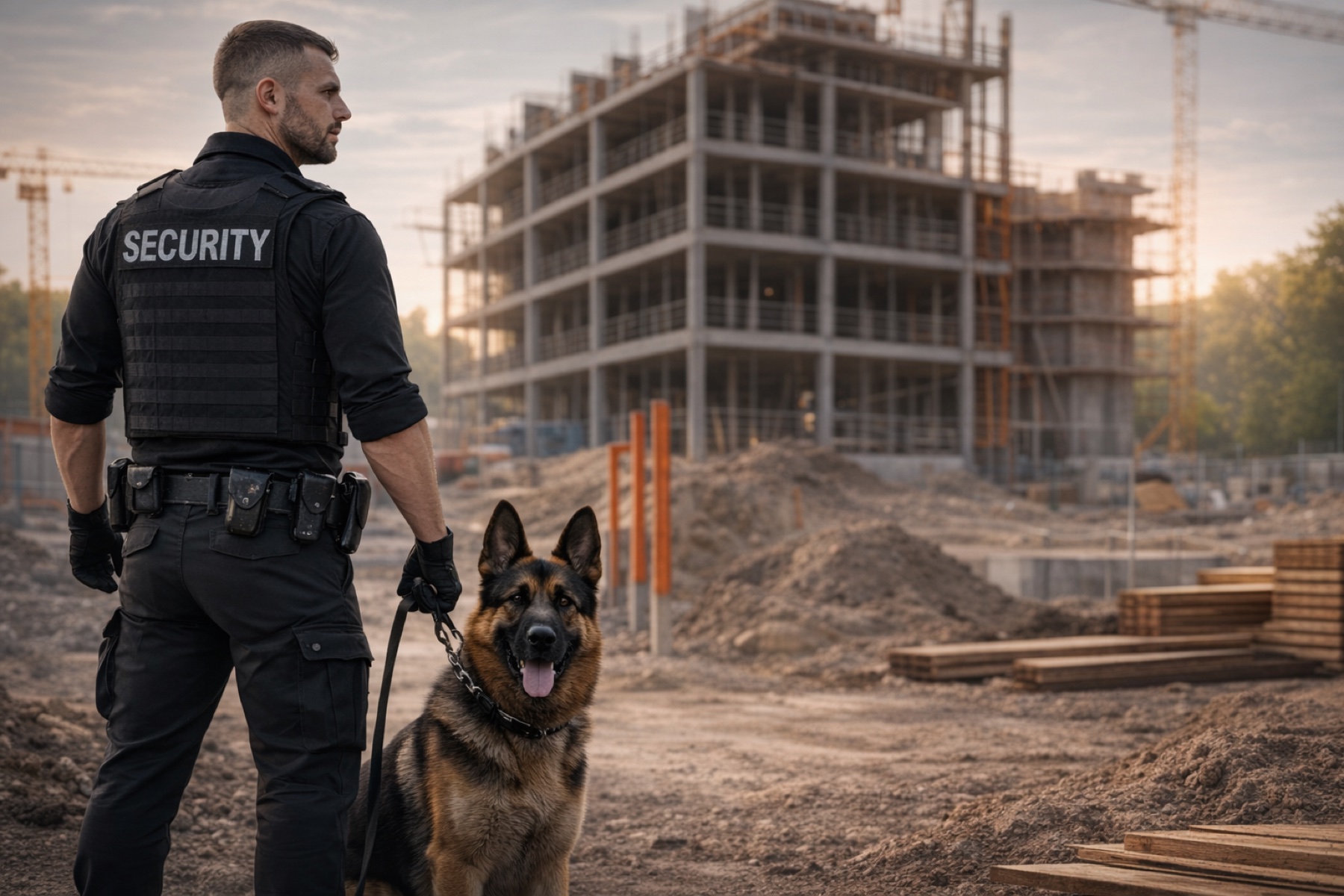Security officer with German Shepherd at a protected site