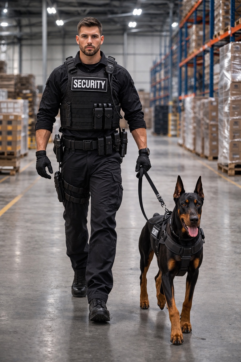 K9 security dog handler walking with dog